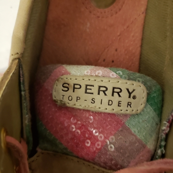 Sperry Top-Sider Tan Leather Boat Shoes Sequins Pink Womens Size 7.5 - Picture 8 of 11